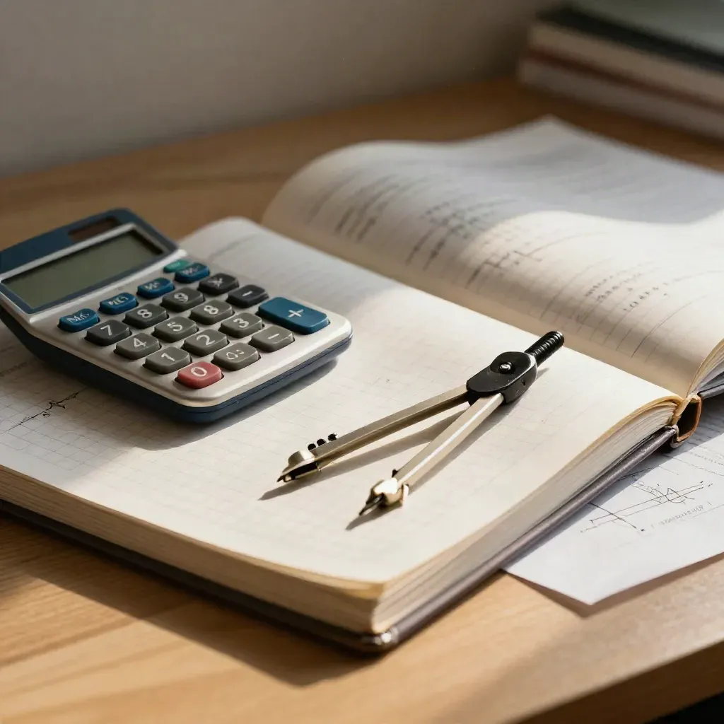 Zbliżenie zeszytów kratkowanych, kalkulatora i cyrkla do kursu matematyki.