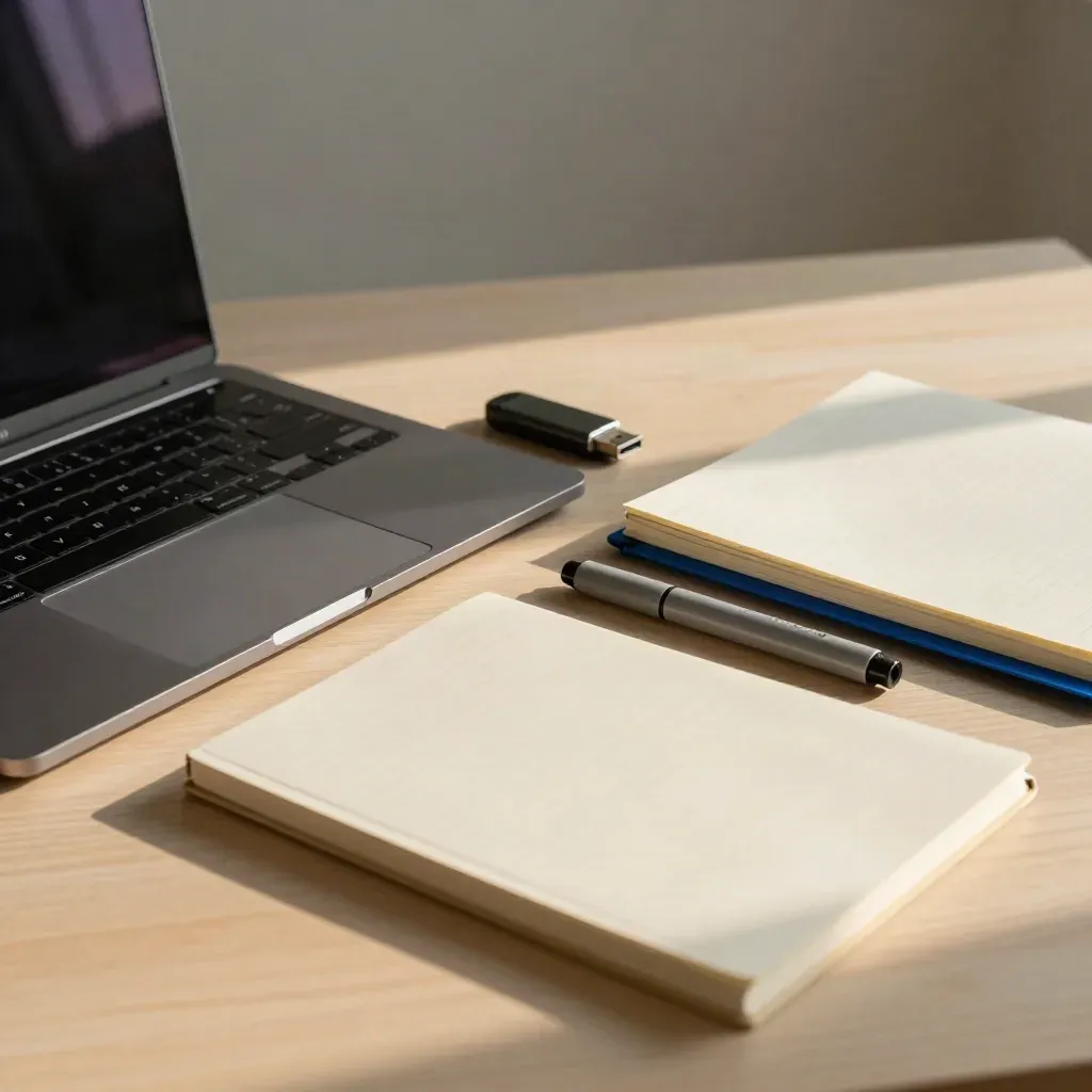 Zamknięty laptop, pendrive, marker, notes i segregator na jasnym drewnie