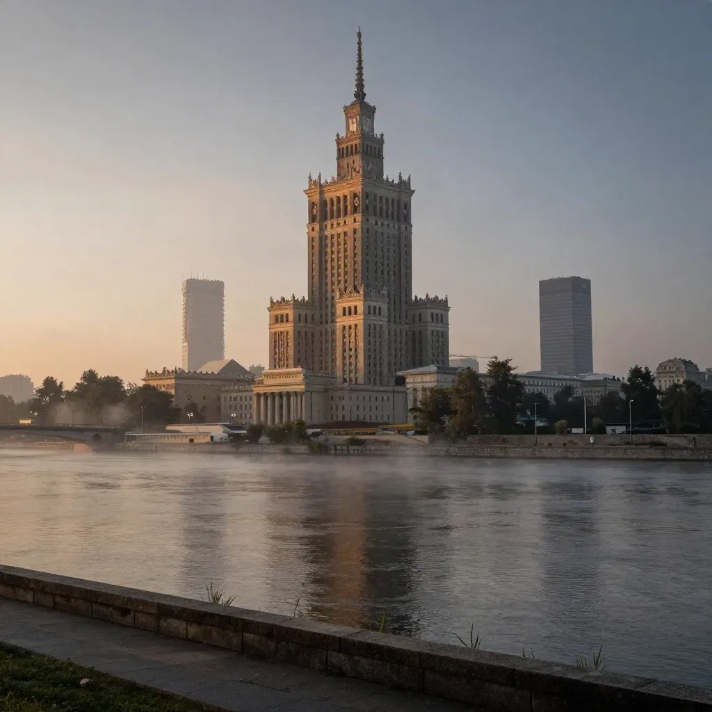Panorama Warszawy nad mgłą Wisły, Pałac Kultury wysoko, spokojny brzeg rzeki