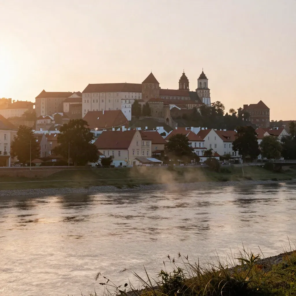 Złota panorama Krakowa z Wawelem nad spokojną doliną Wisły